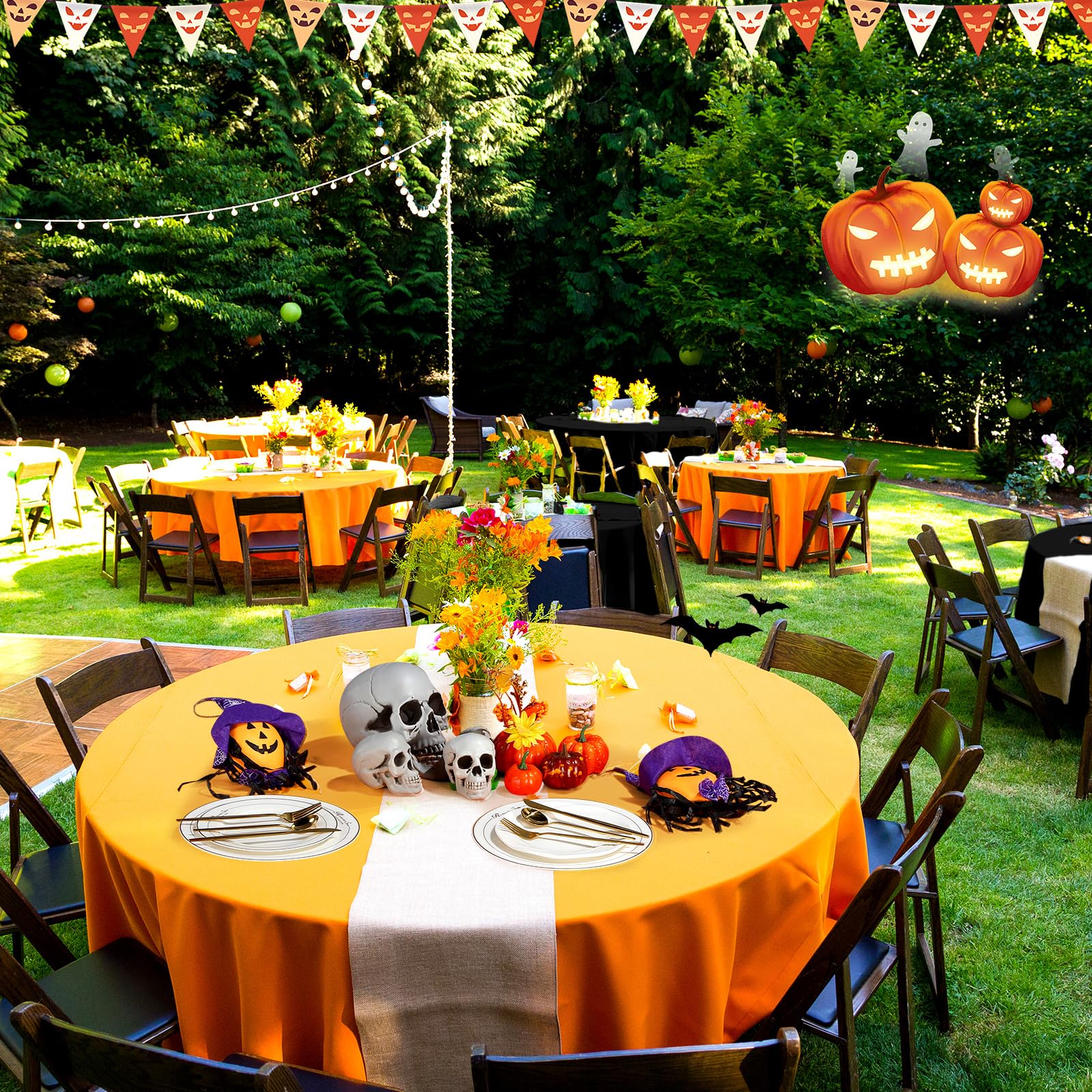 Preboun 12 Pcs Halloween Plastic Tablecloth Orange Black Round Waterproof Disposable Table Cover Round Table Cloths Circle Party Tablecovers for Dining Buffet Outdoor Camping Picnic, 83.86 Inch