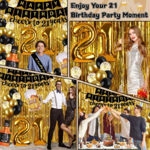 21st Birthday Decorations for Him, Happy Birthday Decorations Black and Gold 21 Birthday Decorations with Happy Birthday Banner, Fringe Curtain, Confetti and Latex Balloons