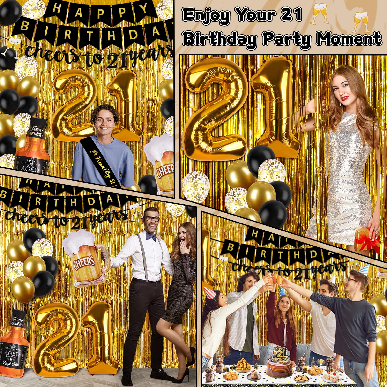 21st Birthday Decorations for Him, Happy Birthday Decorations Black and Gold 21 Birthday Decorations with Happy Birthday Banner, Fringe Curtain, Confetti and Latex Balloons