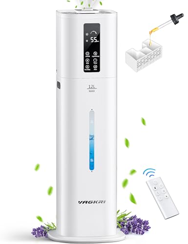 VAGKRI 12L Humidifiers for Large Room, Last 120 Hours, Cover up to 1000ft², Top Fill Ultrasonic Cool Mist Humidifier, 3 Mist Level, 24H Timer, Essential Oil Diffuser Humidifiers For Bedroom, Home