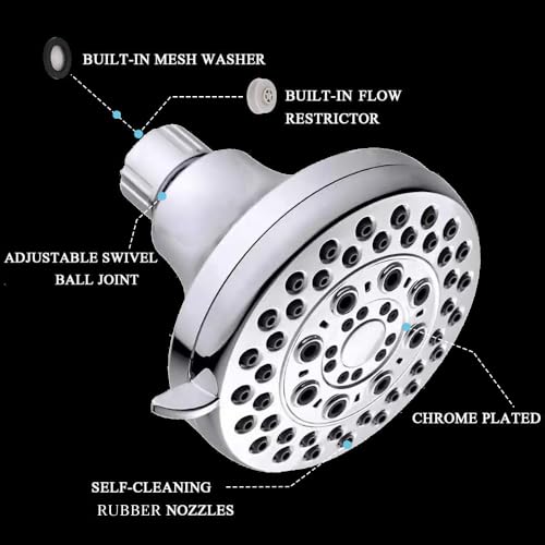 High Presssure Shower head, Premium Chrome Bathroom Fixed Showerhead, 5 Spray Settings Showerheads for Low Water Flow- Excellent Shower Head Replacement for Luxury Shower Experience