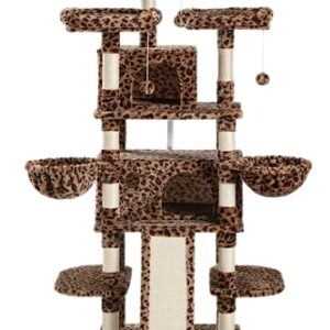 SHA CERLIN 68 Inches Multi-Level Large Cat Tree for Large Cats/Big Cat Tower with Cat Condo/Cozy Plush Cat Perches/Sisal Scratching Posts and Hammocks/Cat Activity Center Play House, Leopard Print