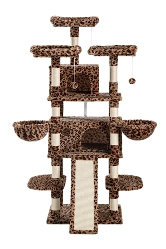 SHA CERLIN 68 Inches Multi-Level Large Cat Tree for Large Cats/Big Cat Tower with Cat Condo/Cozy Plush Cat Perches/Sisal Scratching Posts and Hammocks/Cat Activity Center Play House, Leopard Print