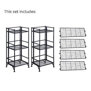 Convenience Concepts Xtra Storage 3 Tier Folding Metal Shelves with Set of 3 Deluxe Extension Shelves - Organizer for Living Room, Office, Bedroom, Garage, Kitchen, Bathroom, Black