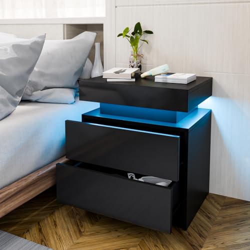 HOMMPA LED Nightstand Black Nightstand with Led Lights Modern Night Stand with 2 High Gloss Drawers Led Bedside Table Smart Nightstand for Bedroom 20.5” Tall