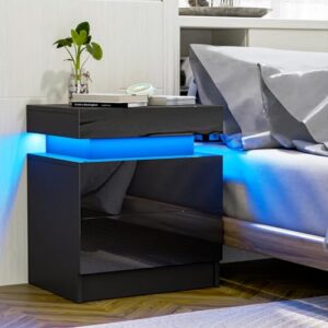 HOMMPA LED Nightstand Black Nightstand with Led Lights Modern Night Stand with 2 High Gloss Drawers Led Bedside Table Smart Nightstand for Bedroom 20.5” Tall