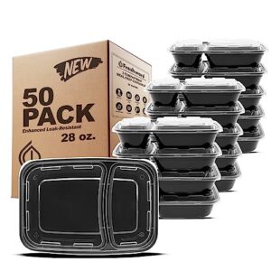 freshware meal prep containers [50 pack] 2 compartment with lids, food storage containers, bento box, bpa free, stackable, microwave/dishwasher/freezer safe (28 oz)