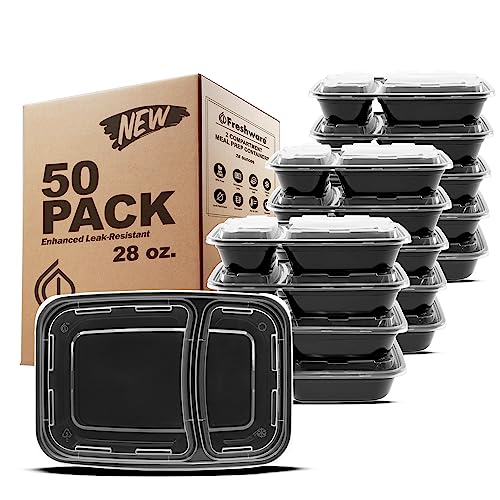 Freshware Meal Prep Containers [50 Pack] 2 Compartment with Lids, Food Storage Containers, Bento Box, BPA Free, Stackable, Microwave/Dishwasher/Freezer Safe (28 oz)