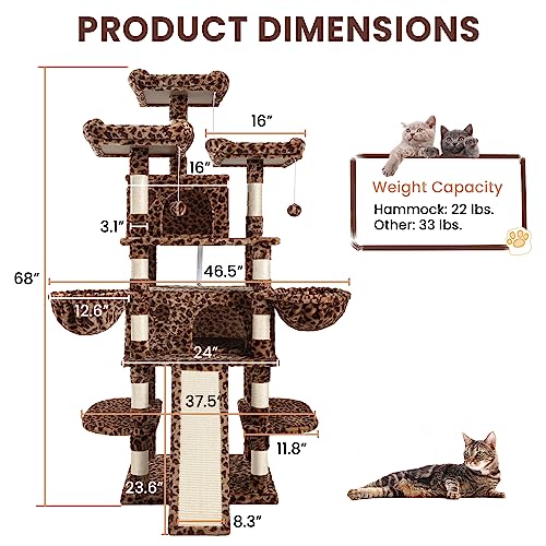 SHA CERLIN 68 Inches Multi-Level Large Cat Tree for Large Cats/Big Cat Tower with Cat Condo/Cozy Plush Cat Perches/Sisal Scratching Posts and Hammocks/Cat Activity Center Play House, Leopard Print