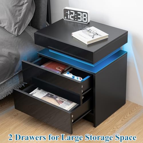 HOMMPA LED Nightstand Black Nightstand with Led Lights Modern Night Stand with 2 High Gloss Drawers Led Bedside Table Smart Nightstand for Bedroom 20.5” Tall