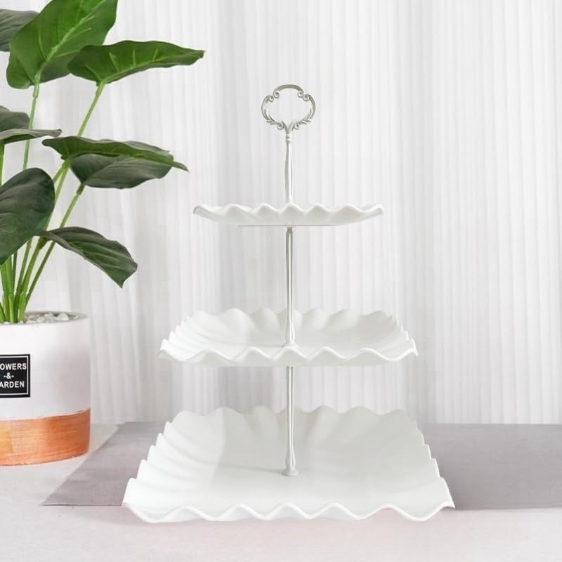 5 Pcs Cupcake Stand Set - Plastic Dessert Table Display Set, 2 White Square 3 Tier Cupcake Display Stands Cookie Tray Rack Serving Tower & 3X 14 in Plastic Trays for Wedding Baby Shower Tea Party