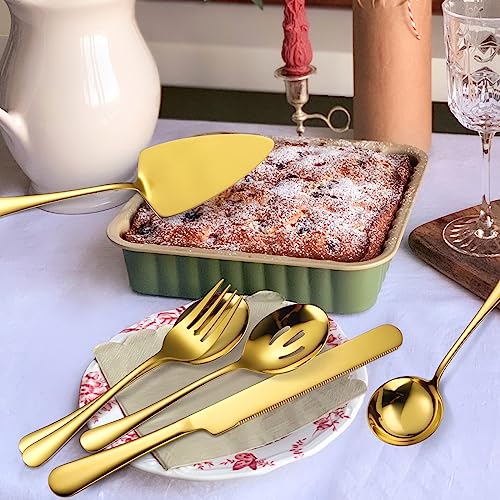 A · HOUSEWARE Gold Serving Utensils Set Stainless Steel Large Silverware 7 Piece Include Big Spoon Fork Cake Server Knife Pizza Spatula Pefect for Buffet Catering Flatware