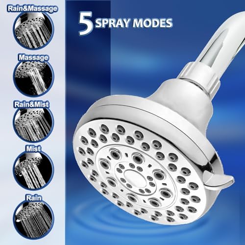 High Presssure Shower head, Premium Chrome Bathroom Fixed Showerhead, 5 Spray Settings Showerheads for Low Water Flow- Excellent Shower Head Replacement for Luxury Shower Experience