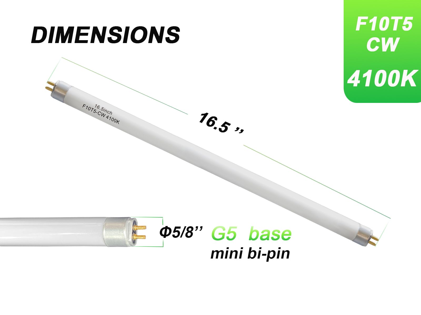 16inch F10T5 CW 10watt Fluorescent Bulb, 4100K Cool White Light, Replacement T5 10W 4200K Bright White Lighting Tube, 16.5" Overall Length (2pack)