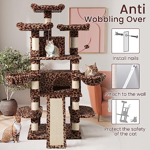 SHA CERLIN 68 Inches Multi-Level Large Cat Tree for Large Cats/Big Cat Tower with Cat Condo/Cozy Plush Cat Perches/Sisal Scratching Posts and Hammocks/Cat Activity Center Play House, Leopard Print