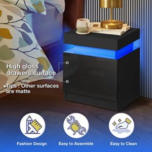 HOMMPA LED Nightstand Black Nightstand with Led Lights Modern Night Stand with 2 High Gloss Drawers Led Bedside Table Smart Nightstand for Bedroom 20.5” Tall