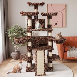 SHA CERLIN 68 Inches Multi-Level Large Cat Tree for Large Cats/Big Cat Tower with Cat Condo/Cozy Plush Cat Perches/Sisal Scratching Posts and Hammocks/Cat Activity Center Play House, Leopard Print