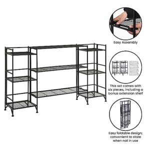 Convenience Concepts Xtra Storage 3 Tier Folding Metal Shelves with Set of 3 Deluxe Extension Shelves - Organizer for Living Room, Office, Bedroom, Garage, Kitchen, Bathroom, Black