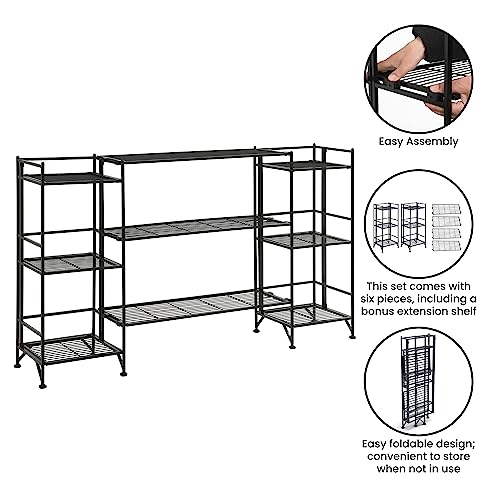 Convenience Concepts Xtra Storage 3 Tier Folding Metal Shelves with Set of 3 Deluxe Extension Shelves - Organizer for Living Room, Office, Bedroom, Garage, Kitchen, Bathroom, Black