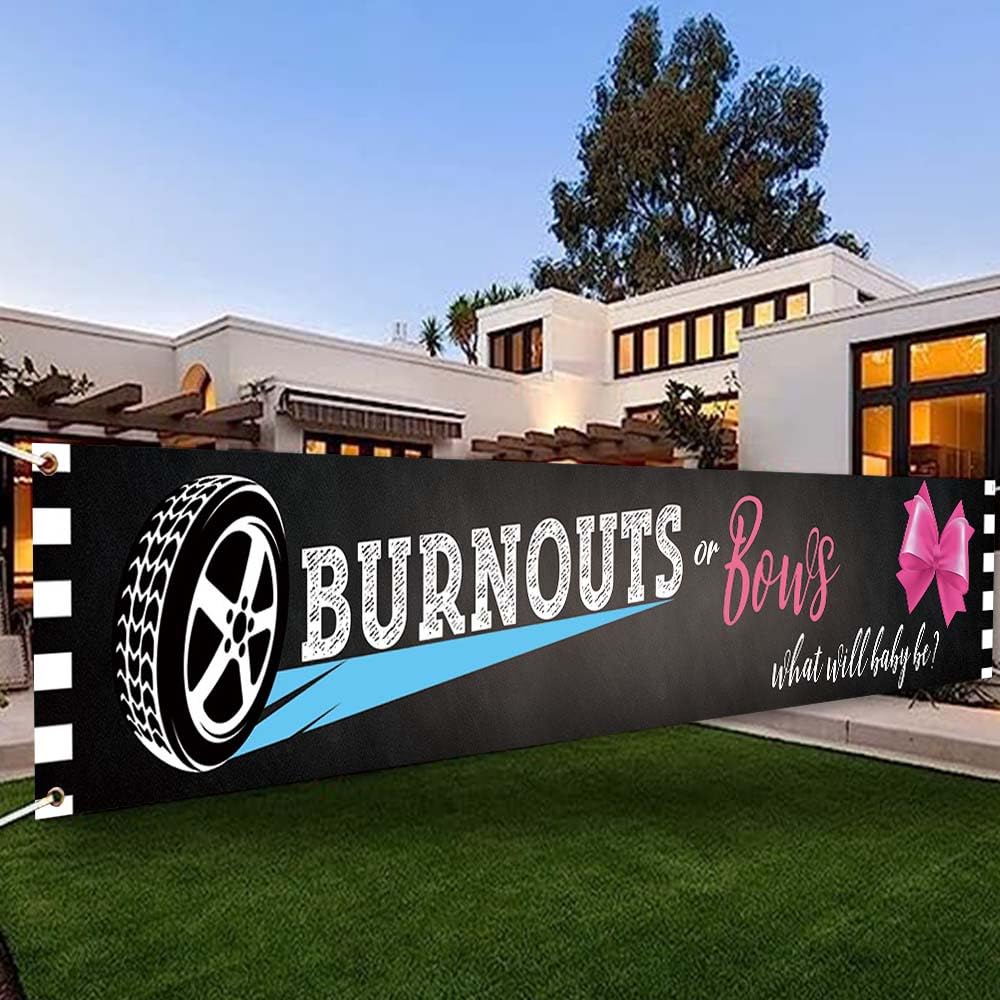 DOTOOMA 118 x 20 Inches Burnouts Or Bows Gender Reveal Banner Yard Sign Decoration Pink Bowknot Or Tyre Theme Party Polyester Supplies What Will Baby Shower Indoor Outdoor