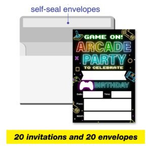 VAHATAN Arcade Party Birthday Invitations 20 Packs Neon Glow Retro Video Gaming Arcade Invites with Envelopes