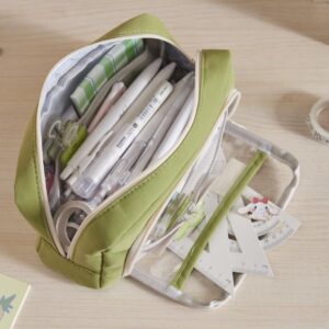 JHTPSLR Preppy Pencil Pouch Clear Canvas Pencil Pouch Big Capacity Pencil Case Double Compartments Zipper Pen Bag Stationery Bag Storage Organizer (Beige)