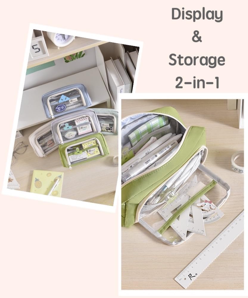 JHTPSLR Preppy Pencil Pouch Clear Canvas Pencil Pouch Big Capacity Pencil Case Double Compartments Zipper Pen Bag Stationery Bag Storage Organizer (Beige)