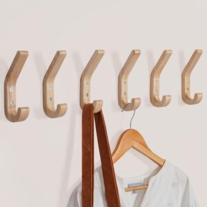 crswha wooden coat hooks for wall,6 pack wall mounted natural wood hooks,modern decorative oak wall pegs for mudroom,heavy duty hat hanger hooks for hanging coats, backpack,towels,purse