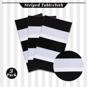 Kesfey 3 Packs Black and White Vertical Striped Tablecloth 54 x 108 Inch Geometric Black Stripe Table Cloths Disposable Plastic Stripe Table Covers Waterproof Picnic Tablecover for Camping Party