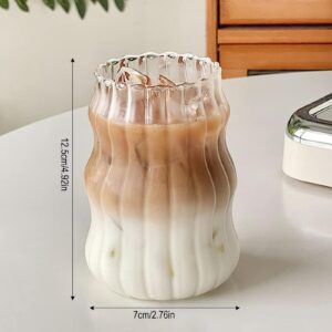 2 Pcs Ribbed Glass Cups, 18 Oz Vintage Drinking Glassware with Wave Shape Design, Bubble Cups for Iced Coffee, Juice, Beverage, Milk, Cocktails, Bubble Tea, and More