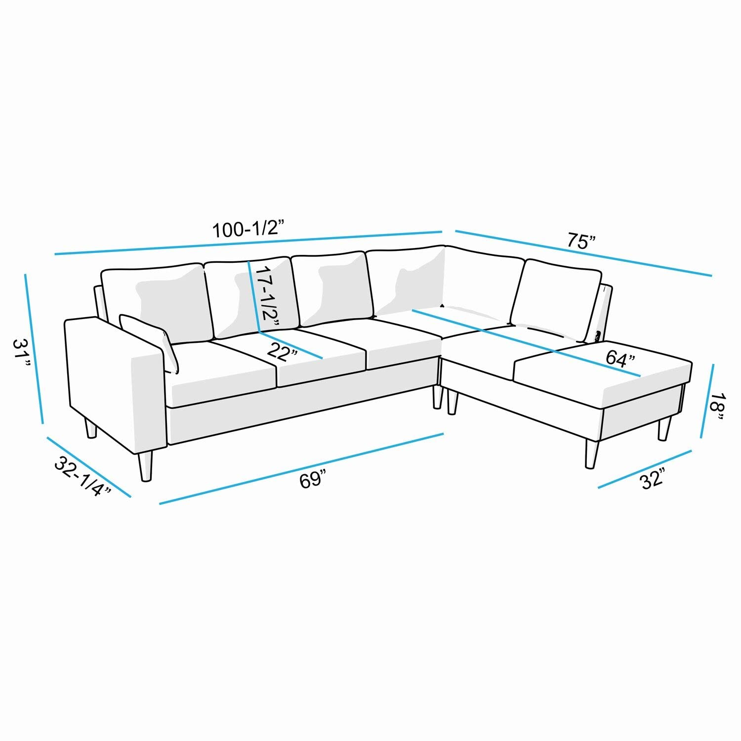 Panana Sectional L Shape Corner Sofas Coch with Left Right Hand Side Built-in USB Charging Port Chaise, Brown