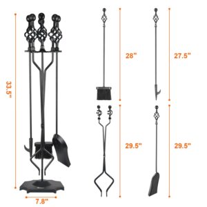 VODA Fireplace Tools Set, 5-Piece Cast Iron 33" Fire Place Set Tools Indoor Fireside Accessories Large Fire Place Tool Set Outdoor Holder Fire Kit with Poker Shovel Tongs Brush, Stand