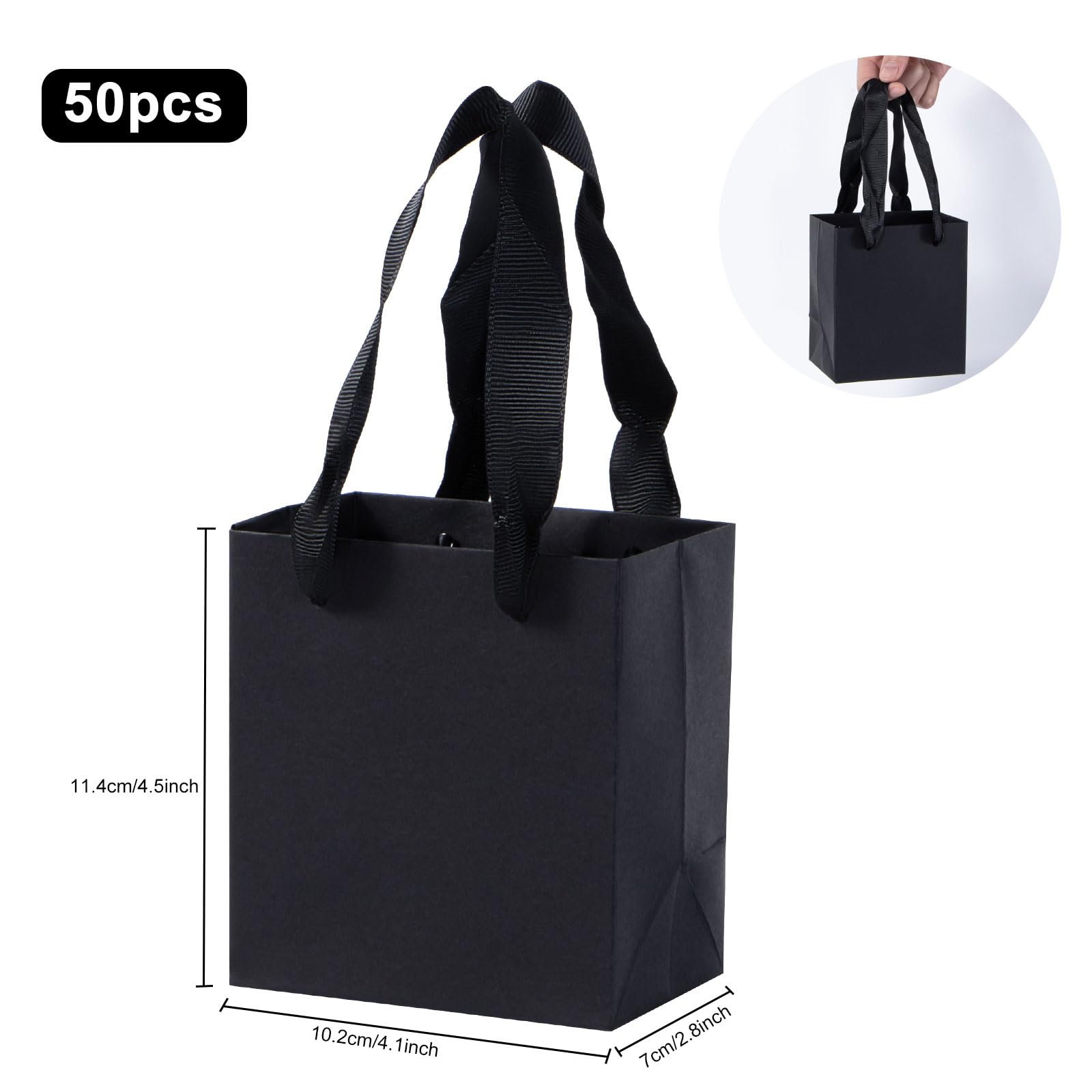 driew Small Black Gift Bags 50 Pcs, 4" x 2.8" x 4.5" Min Thick Kraft Paper Bags Bulk with Black Handles Set for Wedding Party Birthday Gathering Baby Shower