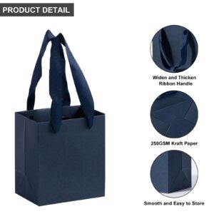 driew Mini Navy Blue Kraft Gift Bags 50 Pcs, 4" x 2.8" x 4.5" Small Gift Bags Bulk Thick Paper with Navy Blue Handles Set for Wedding Party Birthday Gathering Baby Shower