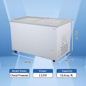 NAFCOOL 12.4 Cu.Ft Commercial Chest Freezer with LED Light,Temp Rang -8°F and 0°F,Glass Top Display Chest Freezer with 6 Removable Wire Baskets,Sliding Lids, Lock,Caster Wheels, White