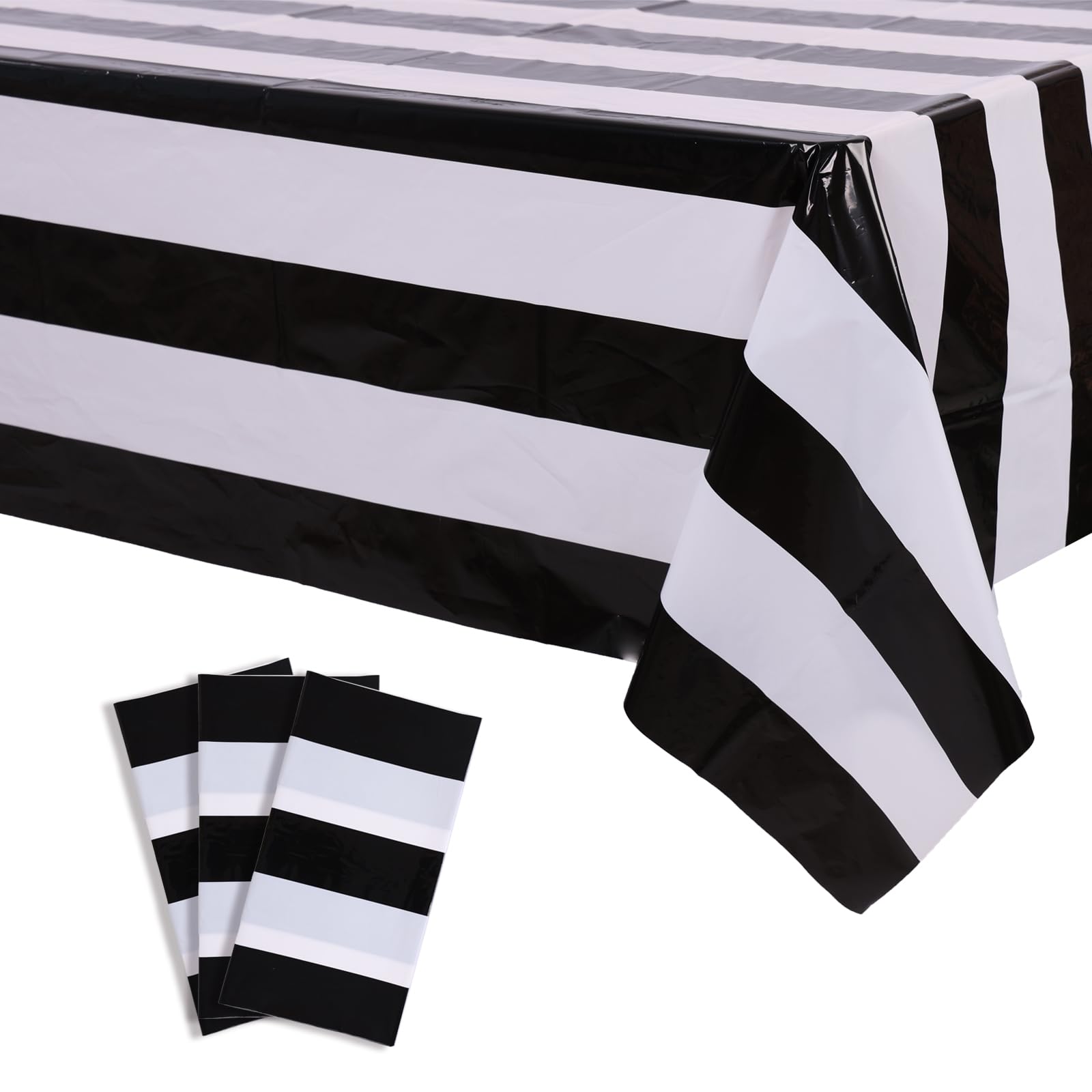 Kesfey 3 Packs Black and White Vertical Striped Tablecloth 54 x 108 Inch Geometric Black Stripe Table Cloths Disposable Plastic Stripe Table Covers Waterproof Picnic Tablecover for Camping Party