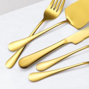 A · HOUSEWARE Gold Serving Utensils Set Stainless Steel Large Silverware 7 Piece Include Big Spoon Fork Cake Server Knife Pizza Spatula Pefect for Buffet Catering Flatware