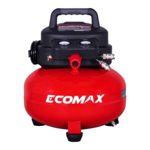 ecomax air compressor, portable air compressor, 6 gallon, pancake air compressor, max 150 psi, 2.6 cfm @90 psi, oil free small electric air compressor for car, home and jobsite, red model: 0210673