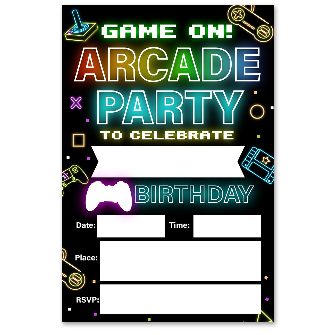 VAHATAN Arcade Party Birthday Invitations 20 Packs Neon Glow Retro Video Gaming Arcade Invites with Envelopes