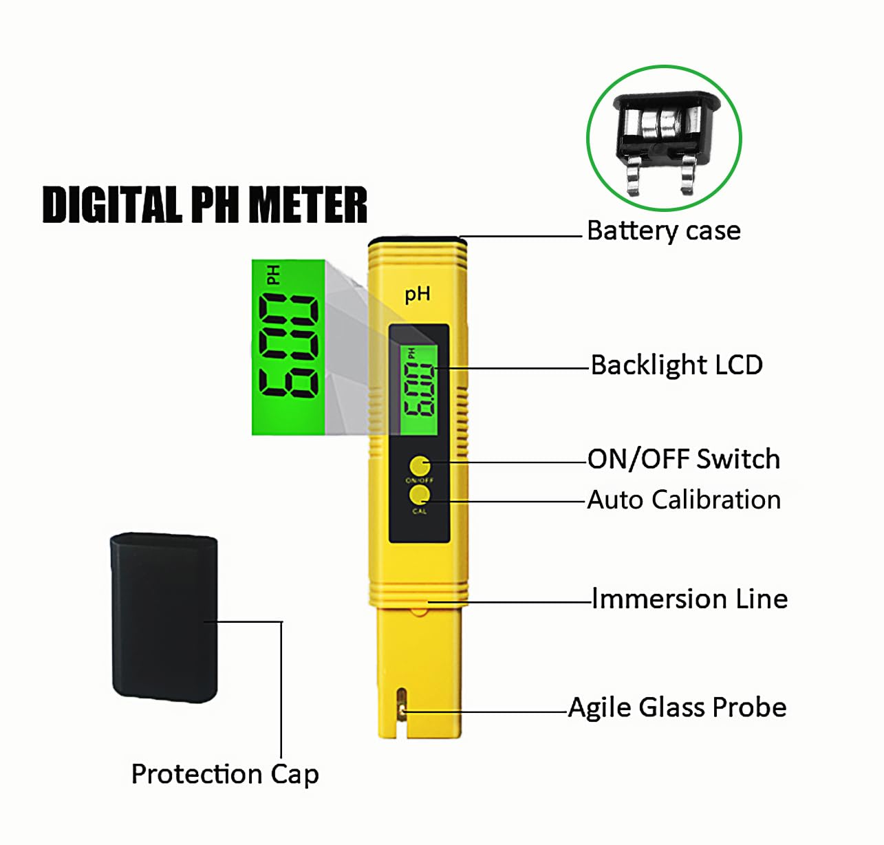 pH Meter for Water Digital pH Meter-High Accuracy Pocket Size PH Tester Pen 0.01 with 0-14 pH Tester for Household Drinking Water Hydroponics Swimming Pool Aquarium Spa(Yellow)