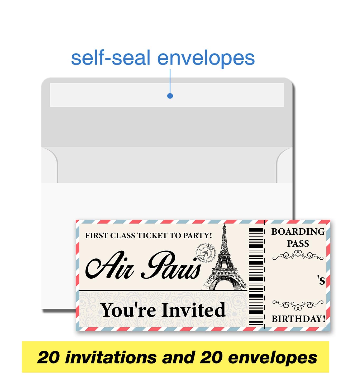 VAHATAN Paris Birthday Party Invitations 20 Pack Air Paris Ticket Invitations with Envelopes Invites Cards for Birthday Party