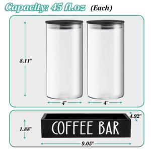 Glass Coffee Canister for Ground Coffee - 2Pcs 45oz Coffee and Sugar Container Set with Airtight Bamboo Lids and Black Tray - Farmhouse Coffee Bean Storage Jars for Coffee Bar Decor and Accessories