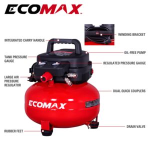 ECOMAX Air Compressor, Portable Air Compressor, 6 Gallon, Pancake Air Compressor, Max 150 PSI, 2.6 CFM @90 Psi, Oil Free Small Electric Air Compressor for Car, Home and Jobsite, Red Model: 0210673