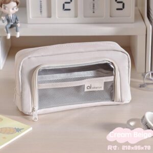 JHTPSLR Preppy Pencil Pouch Clear Canvas Pencil Pouch Big Capacity Pencil Case Double Compartments Zipper Pen Bag Stationery Bag Storage Organizer (Beige)