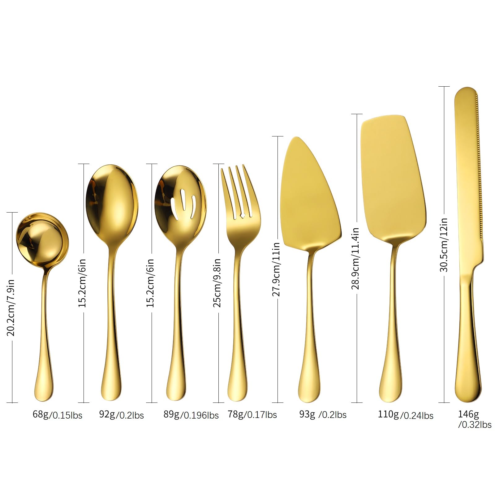 A · HOUSEWARE Gold Serving Utensils Set Stainless Steel Large Silverware 7 Piece Include Big Spoon Fork Cake Server Knife Pizza Spatula Pefect for Buffet Catering Flatware