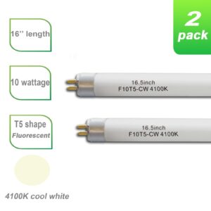 16inch F10T5 CW 10watt Fluorescent Bulb, 4100K Cool White Light, Replacement T5 10W 4200K Bright White Lighting Tube, 16.5" Overall Length (2pack)