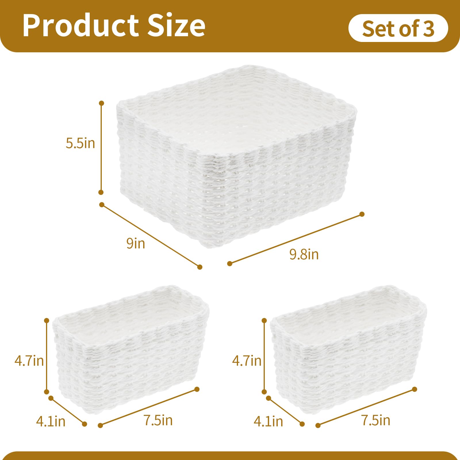 Set of 3 White Woven Baskets - Table Organizer, Natural and Eco-Friendly Storage Solution, Storage Baskets for Shelves, Toy Storage, Sustanabile Paper Rope Material