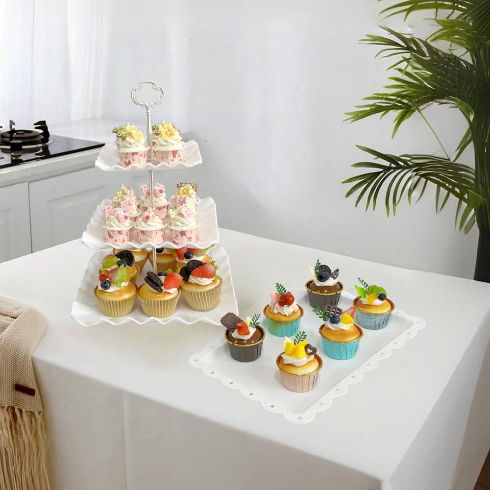 5 Pcs Cupcake Stand Set - Plastic Dessert Table Display Set, 2 White Square 3 Tier Cupcake Display Stands Cookie Tray Rack Serving Tower & 3X 14 in Plastic Trays for Wedding Baby Shower Tea Party