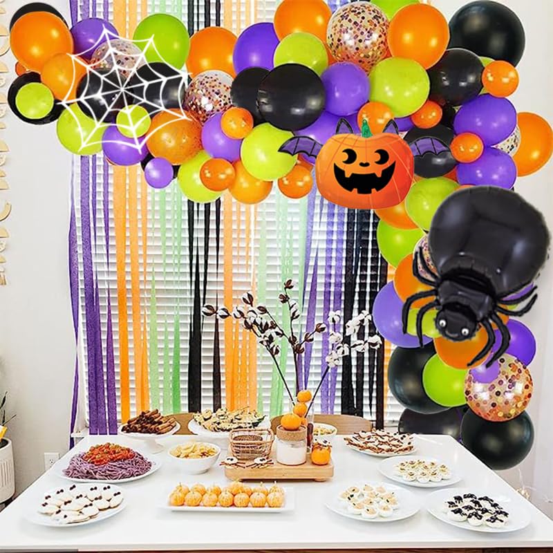 Halloween Latex Balloon Garland Arch Kit-Orange Purple Black Green Confetti balloons with Pumpkin Foil Balloon,Bat foil balloon,Spider web for Halloween party