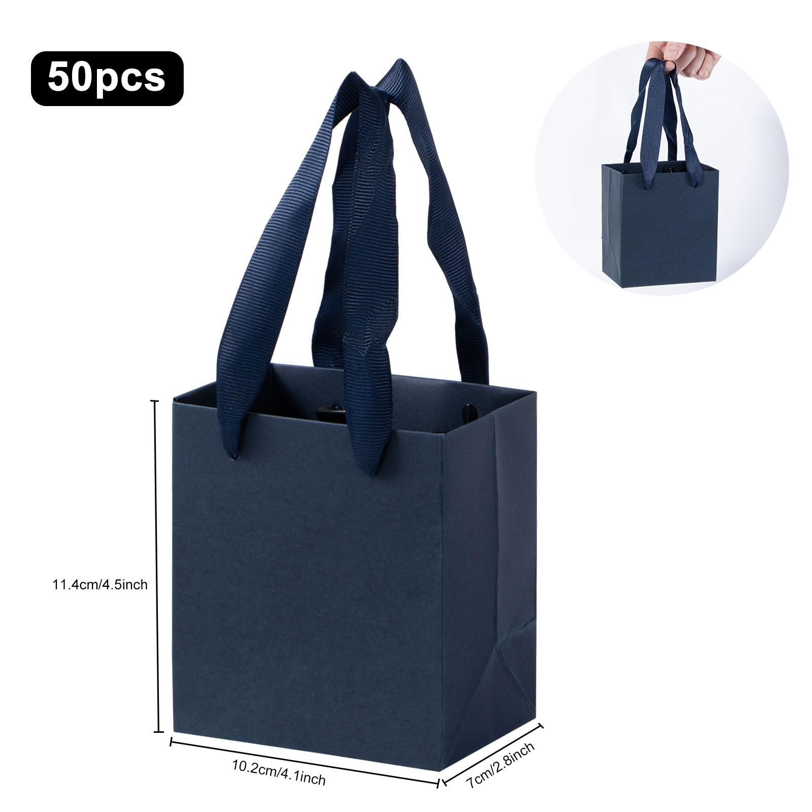 driew Mini Navy Blue Kraft Gift Bags 50 Pcs, 4" x 2.8" x 4.5" Small Gift Bags Bulk Thick Paper with Navy Blue Handles Set for Wedding Party Birthday Gathering Baby Shower